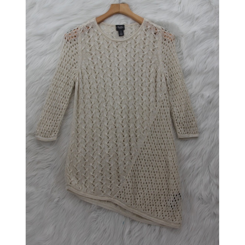 Chicos Top Women's M/8 Ivory Metallic Crochet Asymmetric Beachy Boho Minimalist